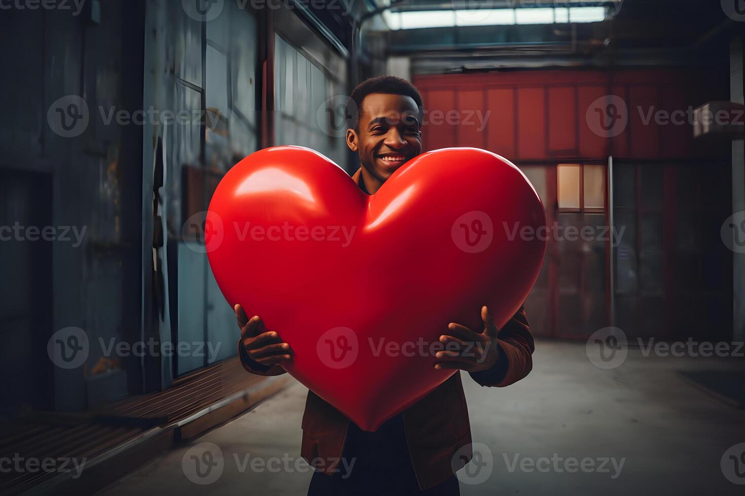 ai gegenereerd glimlachen Afrikaanse Amerikaans Mens Holding groot rood hart Bij dag tijd met industrieel magazijn achtergrond, neurale netwerk gegenereerd fotorealistisch beeld foto