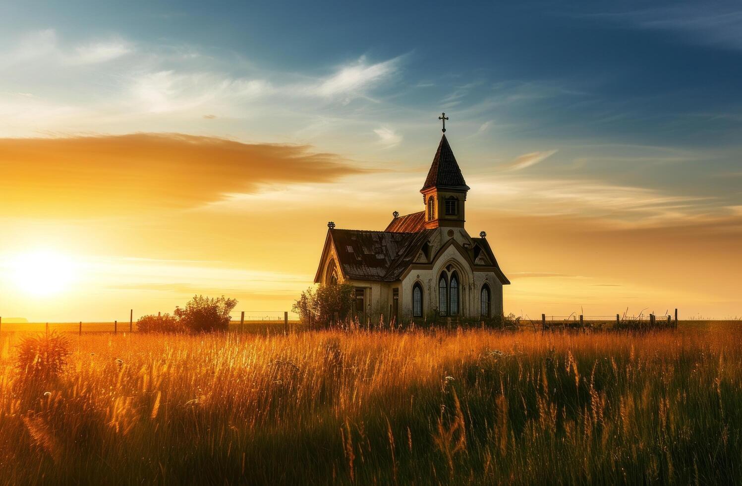 ai gegenereerd een kerk in een land veld- door de zon Bij zonsopkomst foto