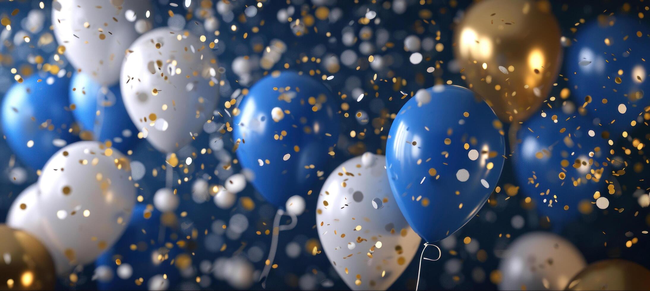 ai gegenereerd een blauw en wit groep van ballonnen met wit en goud confetti foto