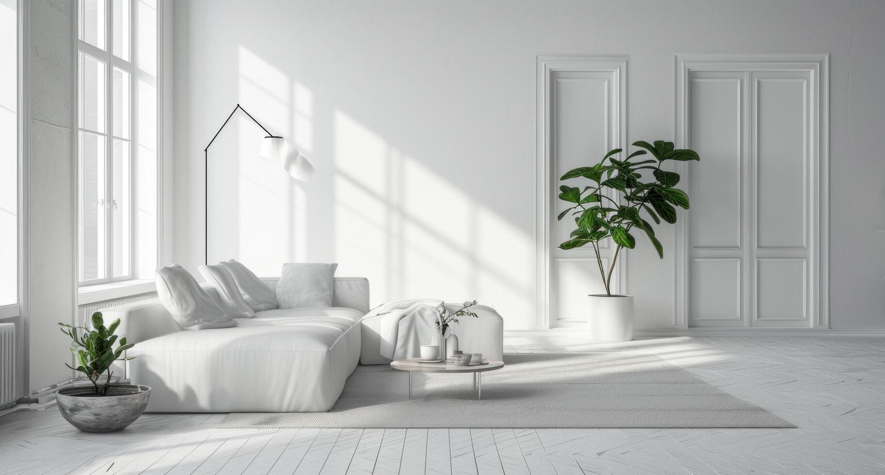 ai gegenereerd minimalistische wit leven kamer met fabriek foto