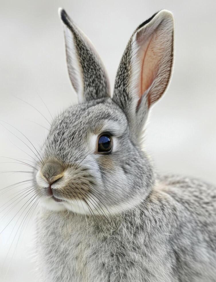 ai gegenereerd een grijs konijn is voorkant camera en op zoek terug of kant afdeling foto