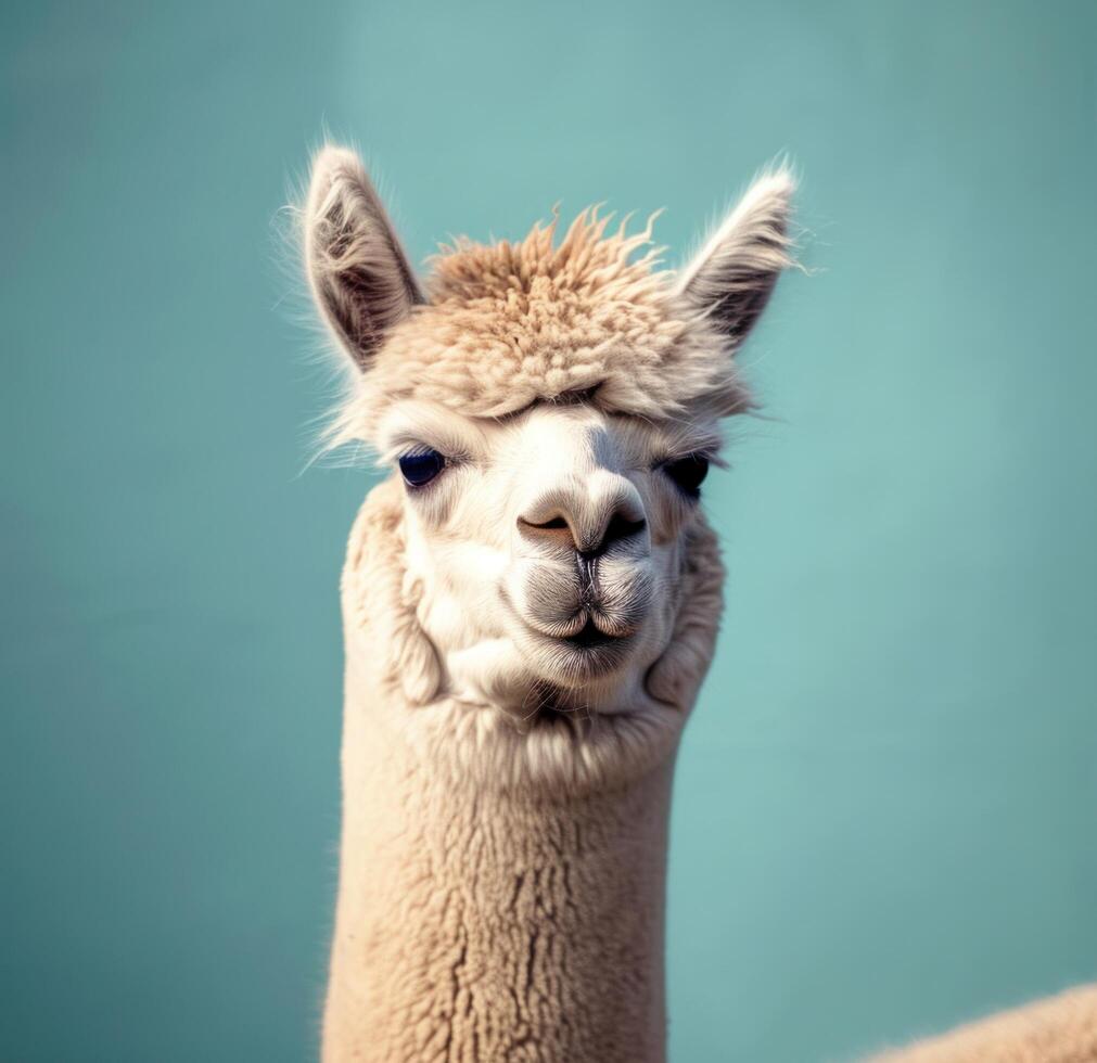 ai gegenereerd een wit alpaca's gezicht is staand in voorkant van een blauw achtergrond foto