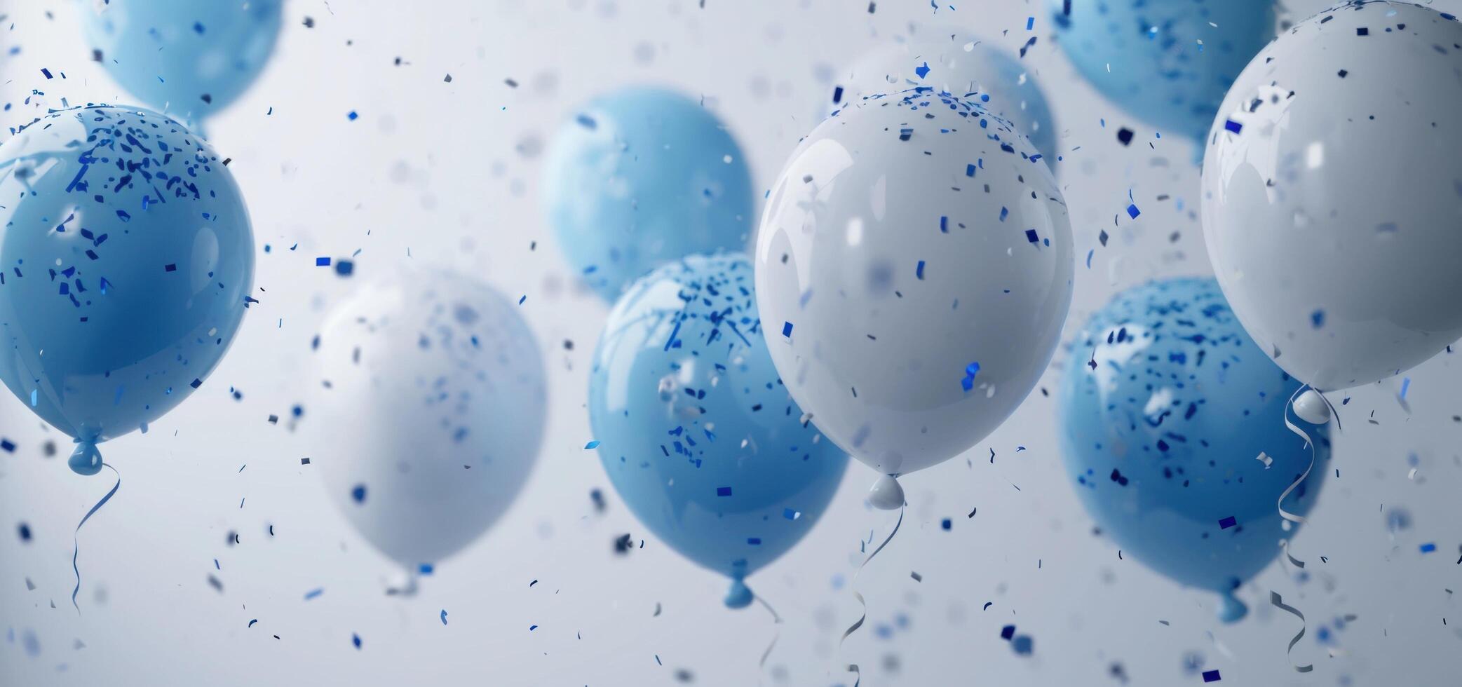 ai gegenereerd blauw en wit ballonnen met weinig blauw en wit confetti foto