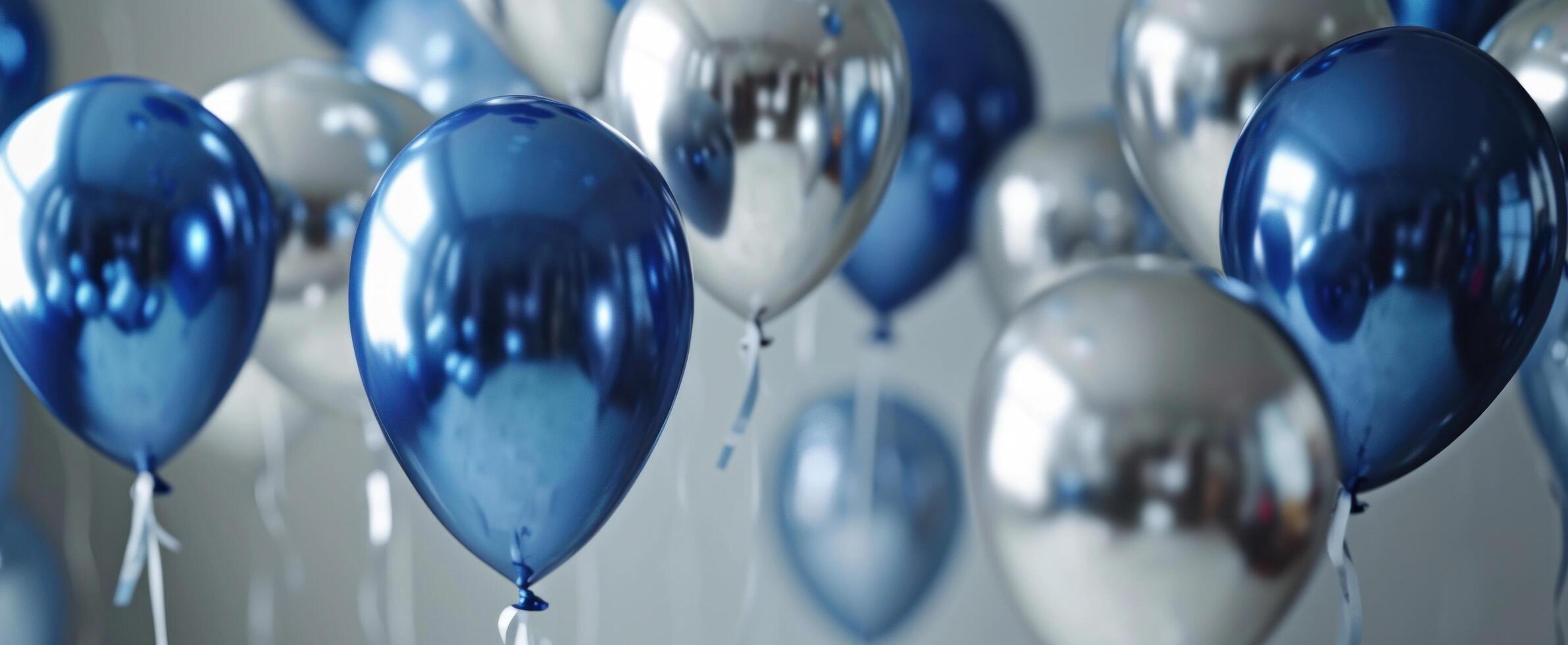 ai gegenereerd meerdere blauw en zilver ballonnen in de lucht foto