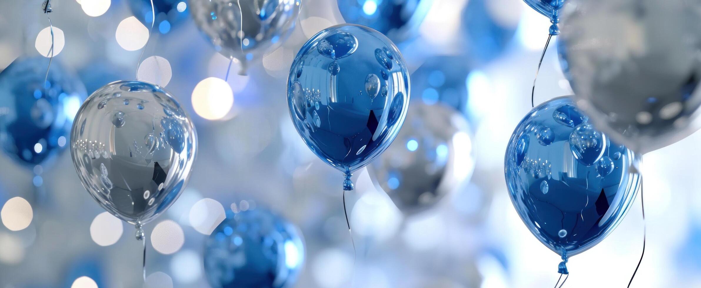 ai gegenereerd meerdere blauw en zilver ballonnen in de lucht foto