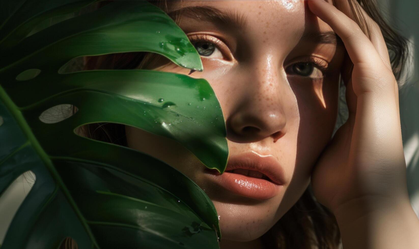 ai gegenereerd deze jong vrouw is Holding omhoog haar gezicht naast een groen blad blad foto