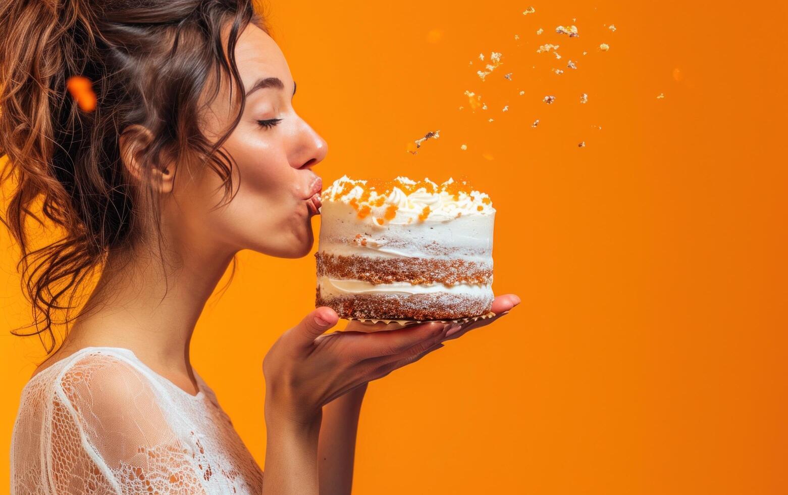 ai gegenereerd vrouw blazen taart Aan oranje achtergrond foto