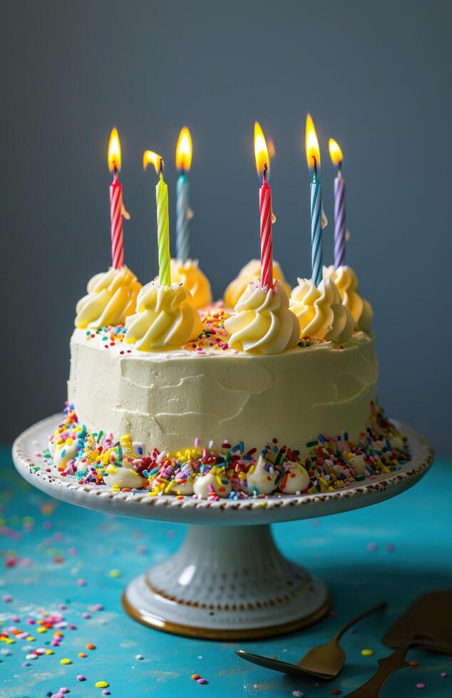 ai gegenereerd wit verjaardag taart met vier kleurrijk kaarsen foto