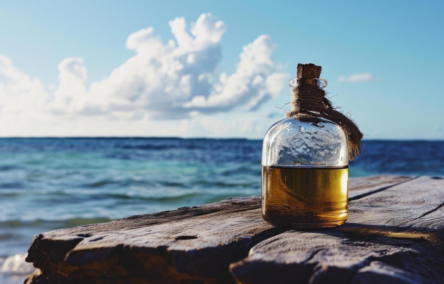 ai gegenereerd een fles van koud gedrukt kokosnoot olie zittend Aan een houten tafel foto