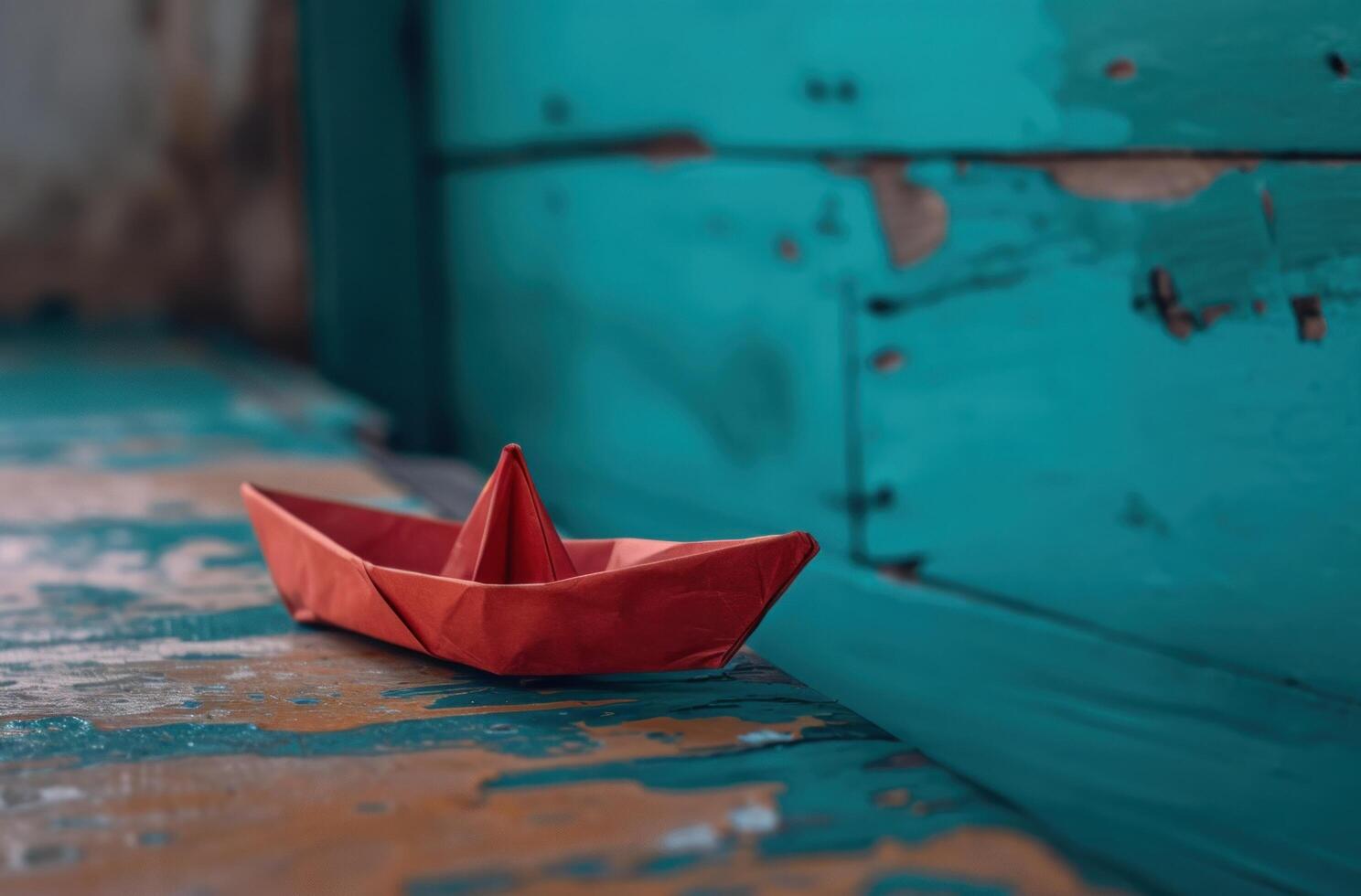 ai gegenereerd een klein papier boot met rood zeil Aan houten dek foto