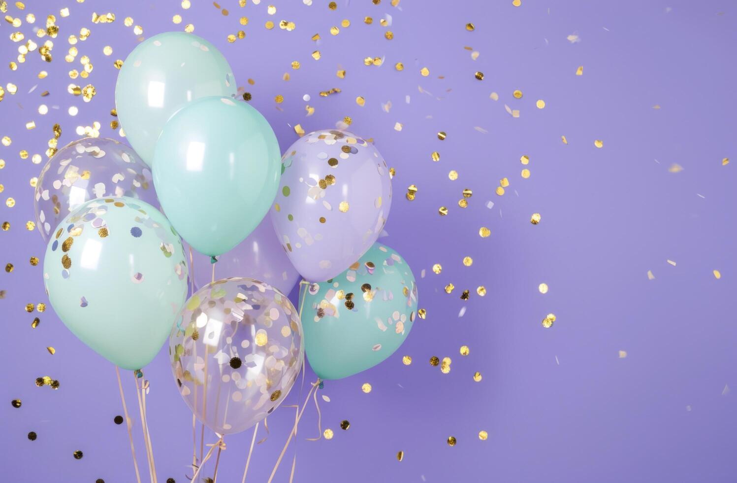 ai gegenereerd pastel en aqua ballonnen met confetti Aan Purper achtergrond foto