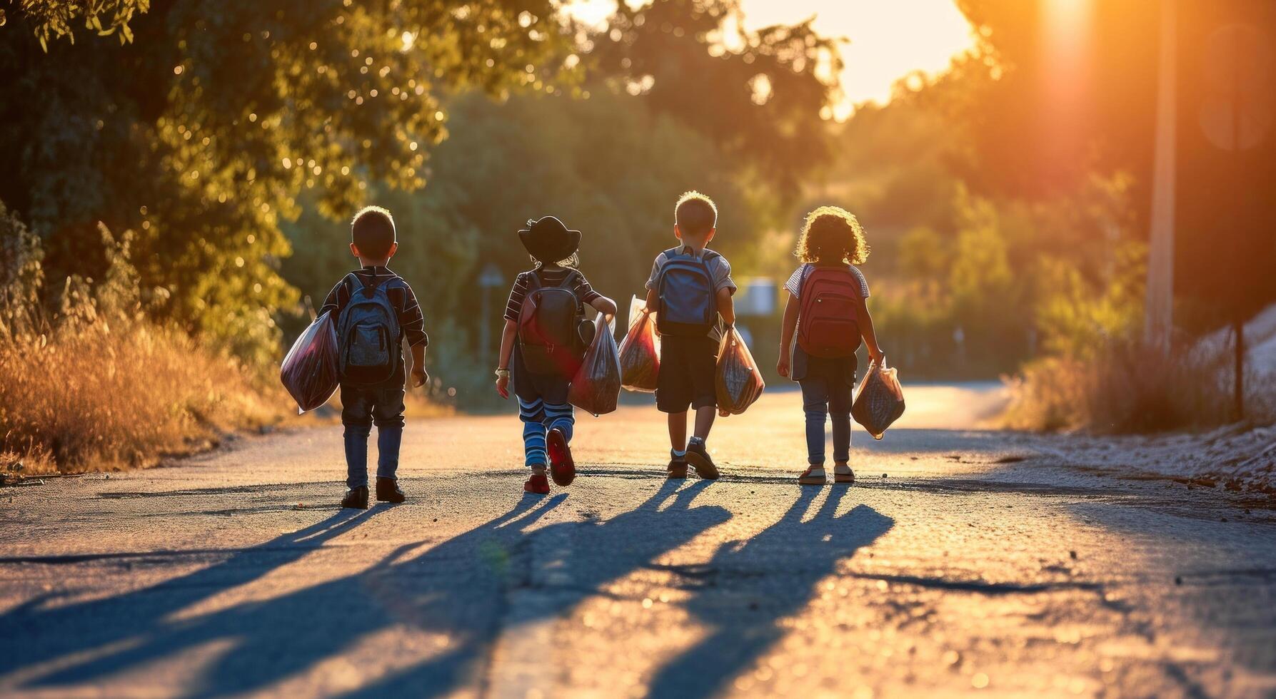 ai gegenereerd kinderen zijn wandelen naar beneden weg met hun rugzakken foto