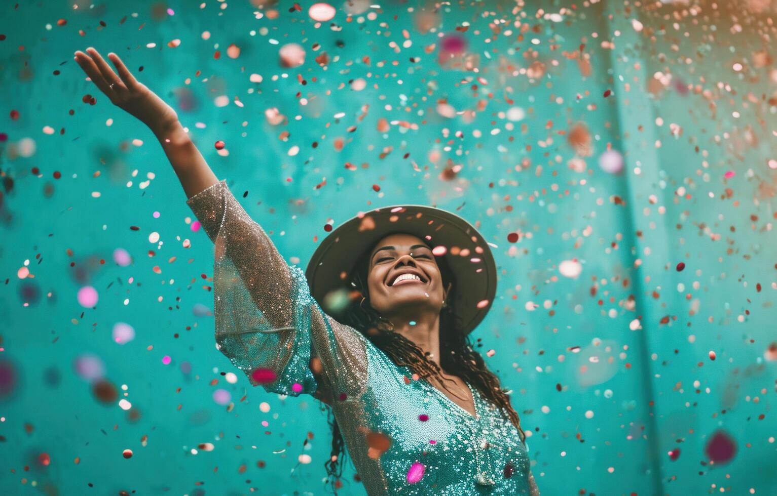 ai gegenereerd de gelukkig en opgewonden vrouw is het werpen confetti foto