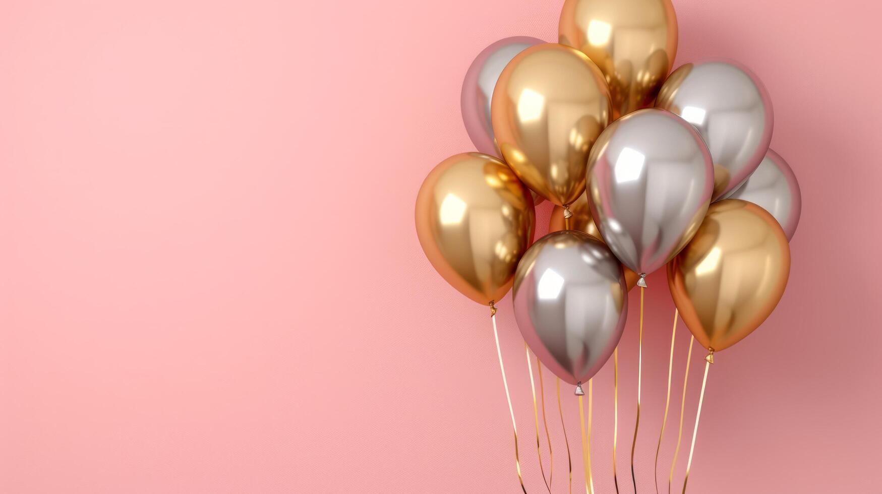 ai gegenereerd goud en zilver opblaasbaar ballonnen Aan een minimalistisch roze achtergrond met kopiëren ruimte foto