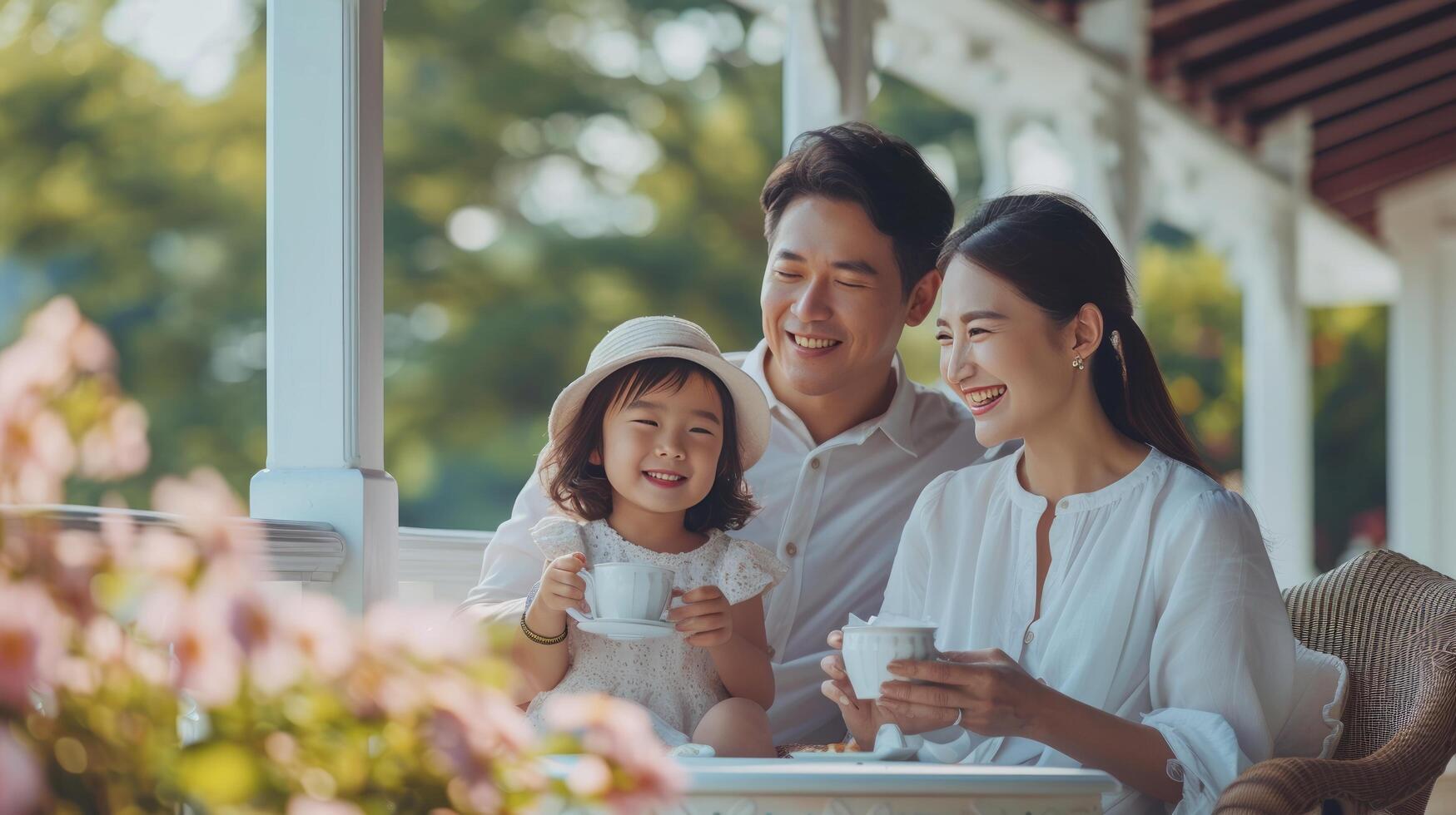 ai gegenereerd gelukkig mama, vader en dochter drinken thee Aan de veranda van een klassiek Amerikaans huis foto