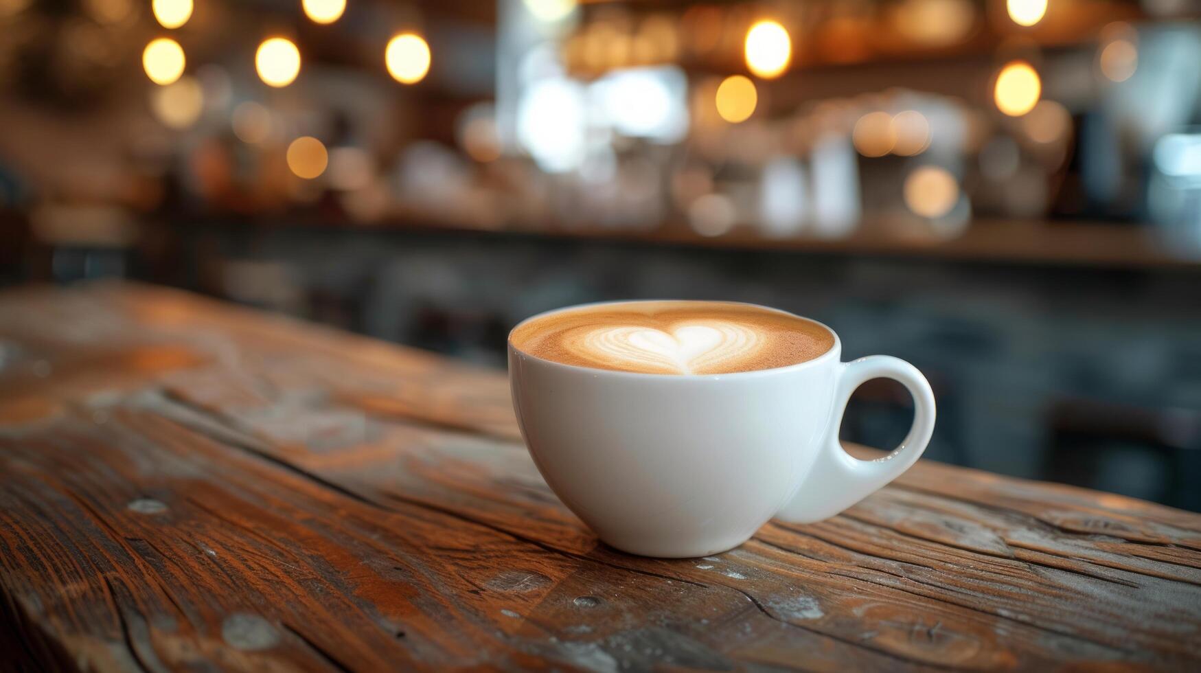 ai gegenereerd een kop van cappuccino met een hart Aan schuim staat Aan een houten tafel tegen de achtergrond van een wazig koffie winkel foto