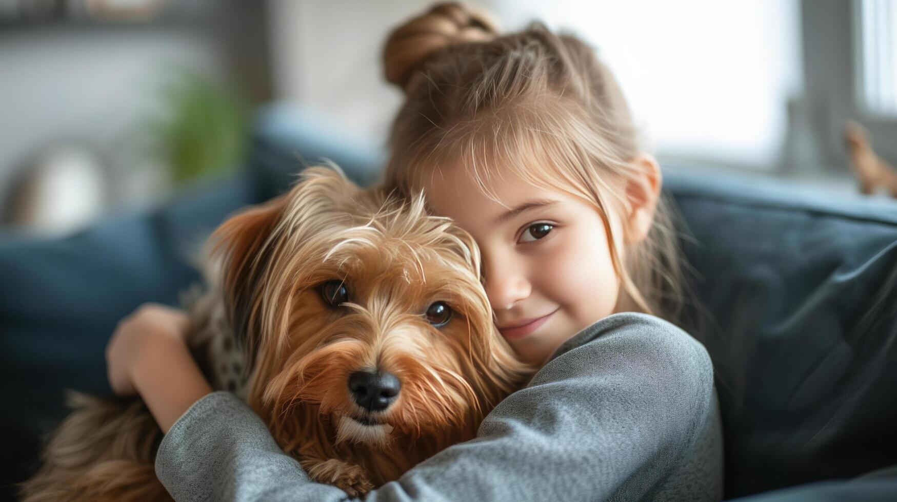 ai gegenereerd een 12 jaar oud meisje houdt een pluizig yorkshire terriër hond in haar armen. foto