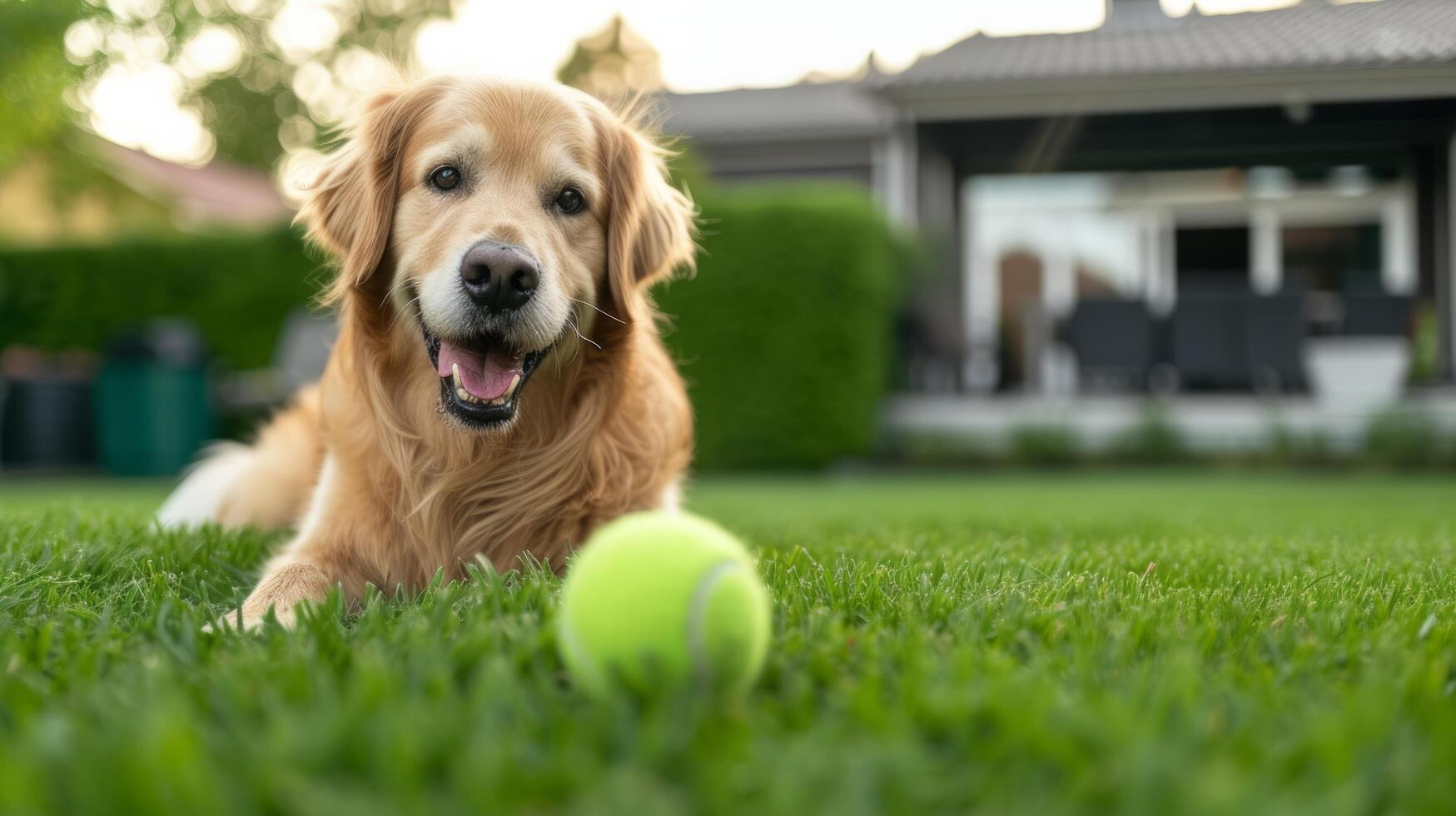 ai gegenereerd een gouden retriever hond Toneelstukken met een groen tennis bal Aan de gazon in de buurt een standaard- Amerikaans huis foto