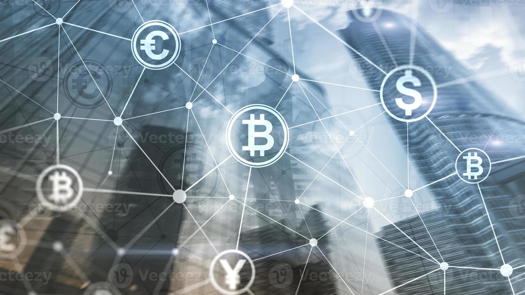 dubbele belichting bitcoin en blockchain-concept. digitale economie en valutahandel. foto