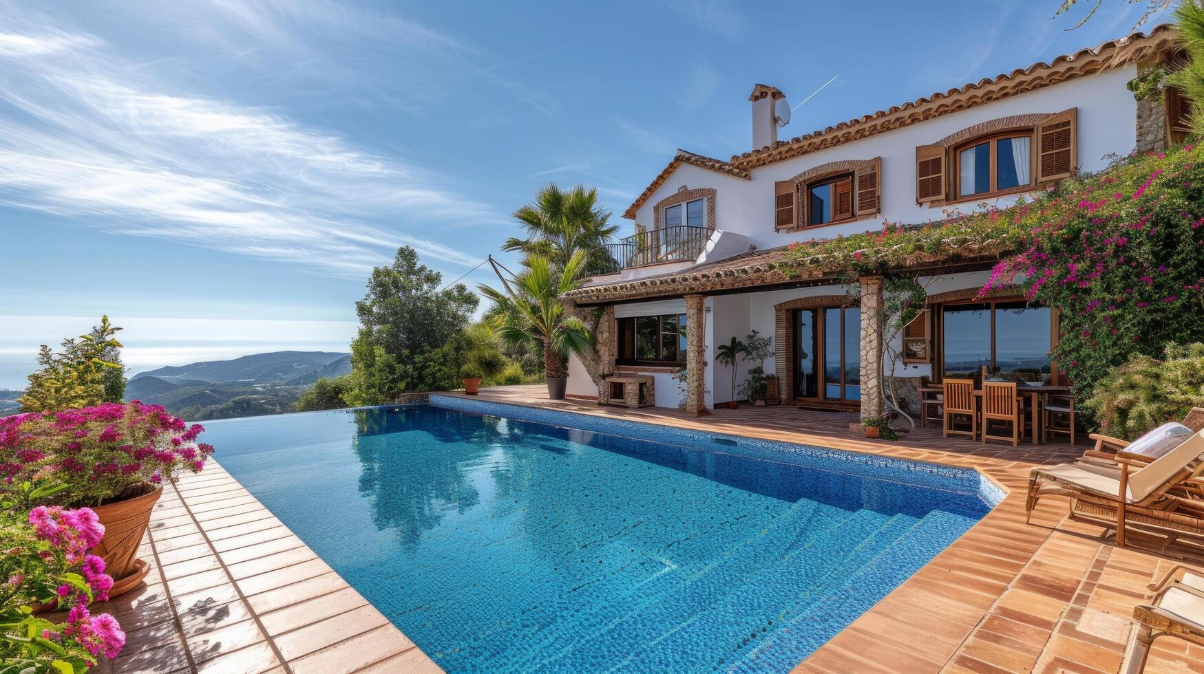 ai gegenereerd mooi Spaans villa met zwembad en keer bekeken van de middellandse Zee zee foto