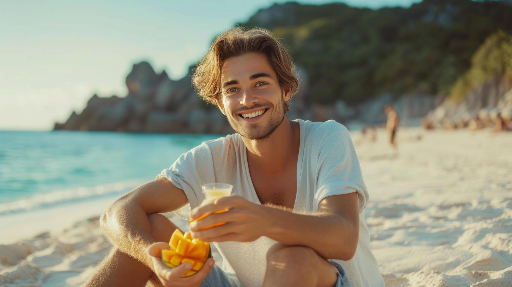 ai gegenereerd jong knap Mens aan het eten gesneden mango terwijl zittend Aan de strand foto