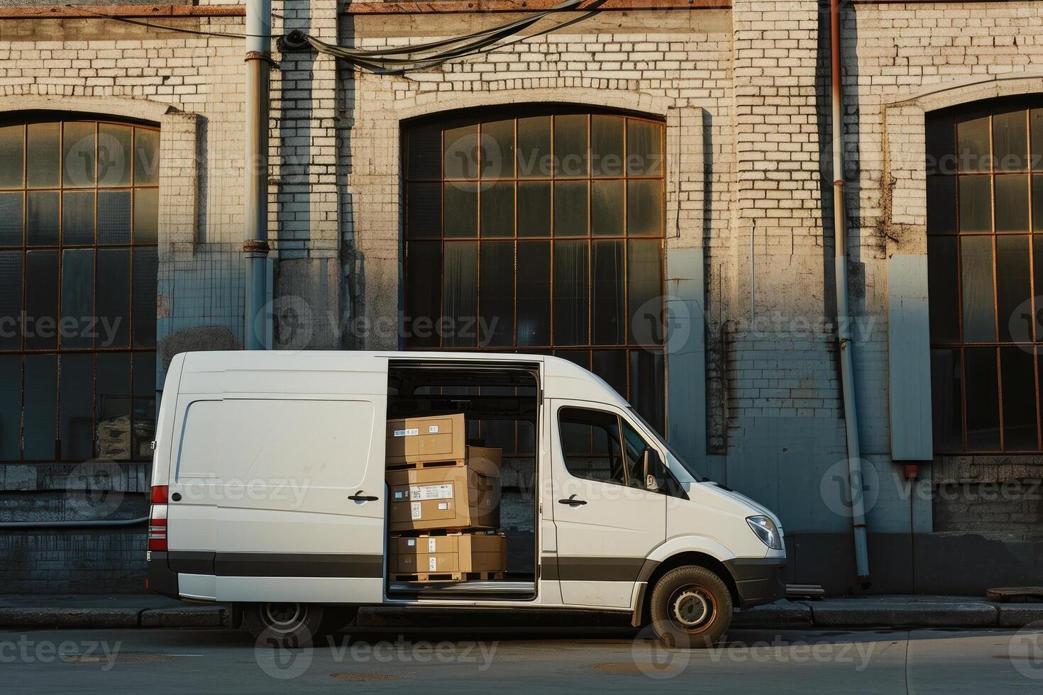 ai gegenereerd levering bestelwagen, reclame levering bestelwagens met karton dozen, logistiek concept foto