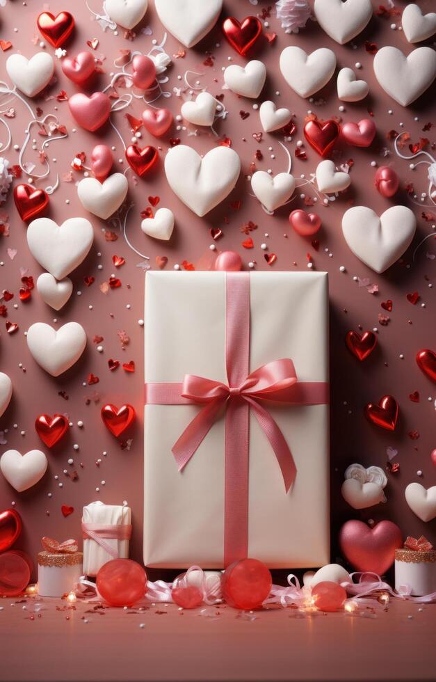 ai gegenereerd leeg karton bladzijde omringd door cadeaus en harten, Aan een roze achtergrond, foto