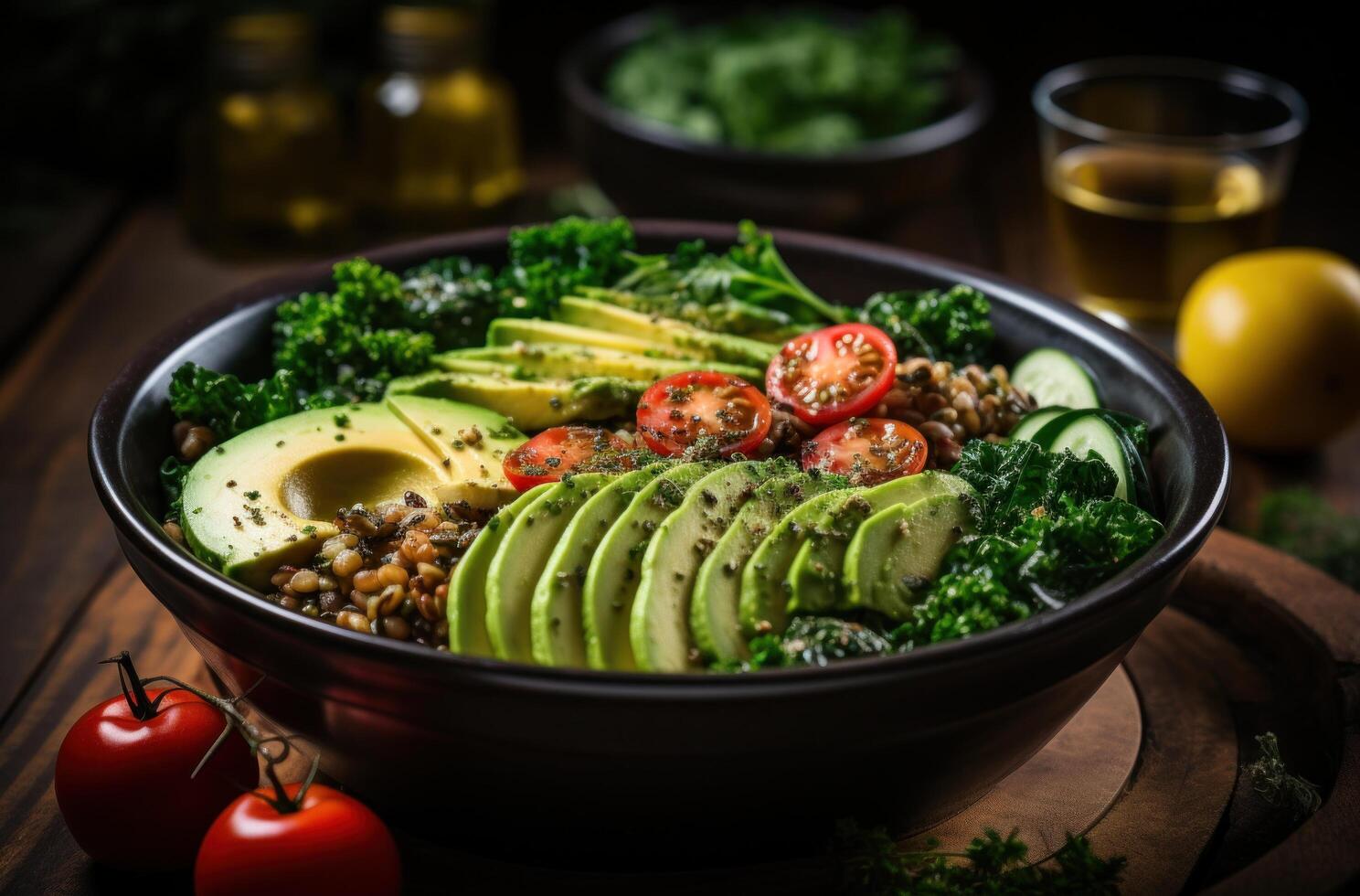 ai gegenereerd quinoa kom met avocado en tomaten met boerenkool, foto