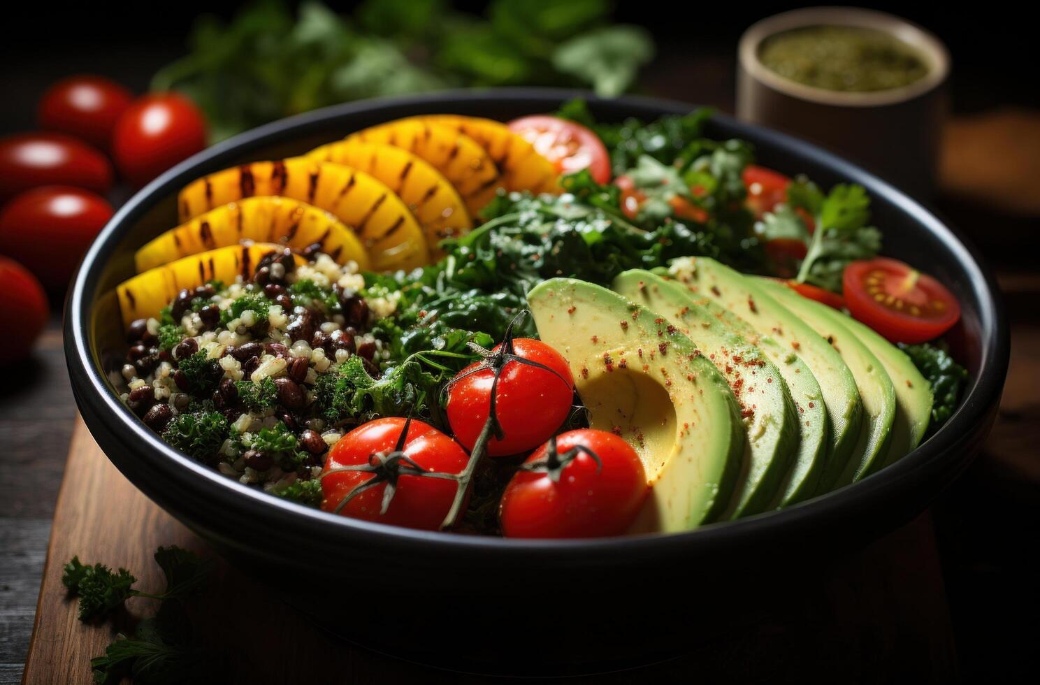 ai gegenereerd quinoa kom met avocado en tomaten met boerenkool, foto