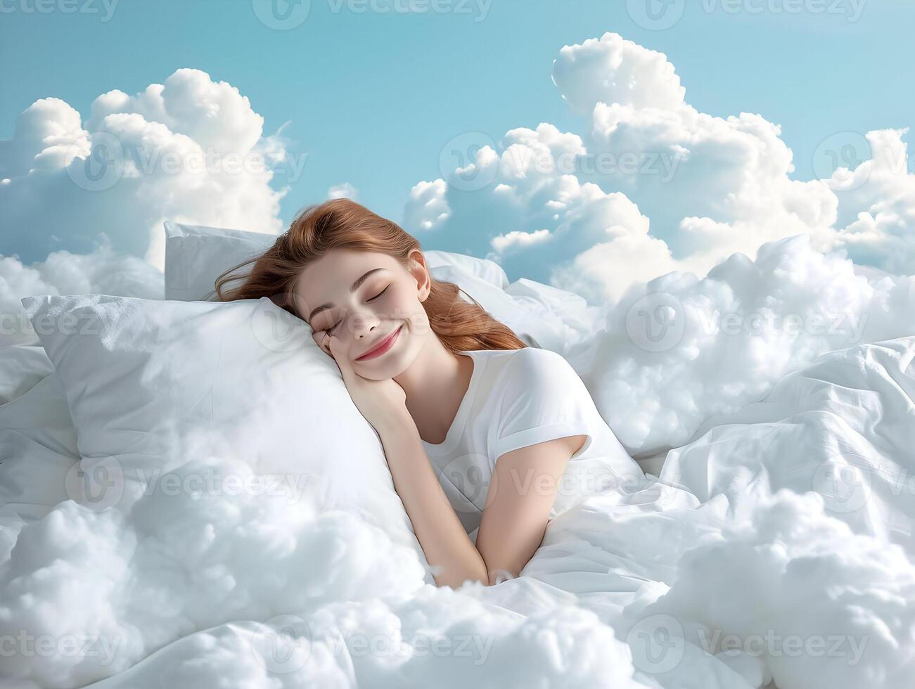 ai gegenereerd een mooi jong vrouw met een glimlach slaapt Aan een bed van wolken. concept van mooi zo dromen hoge resolutie. ai generatief foto