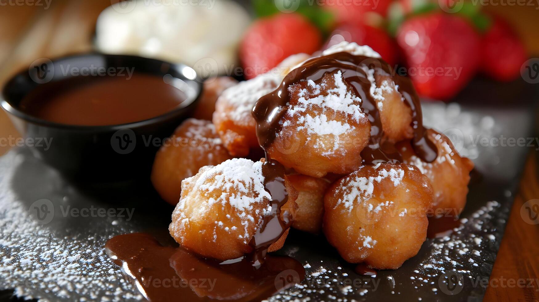 ai gegenereerd voedsel foto van deeg ballen met chocola saus, aardbeien, en gepoederd suiker. hoog kwaliteit. ai generatief