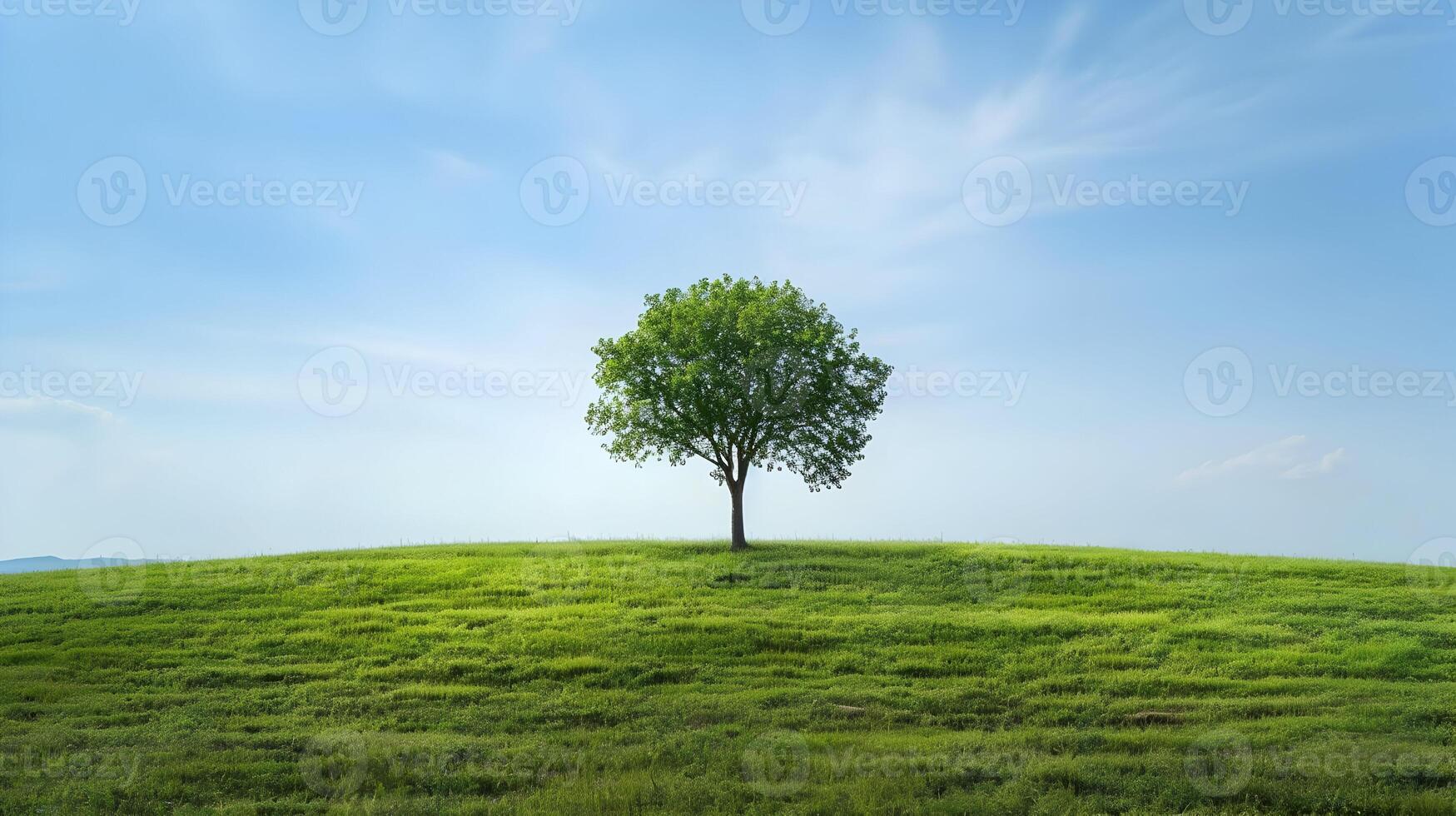 ai gegenereerd een boom Aan een breed gras duidelijk met een blauw licht lucht. een mooi landschap. hoge resolutie. ai generatief foto