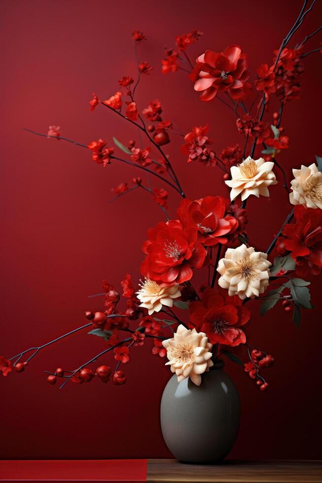 ai gegenereerd traditioneel bloemen en rood gekleurde muur foto