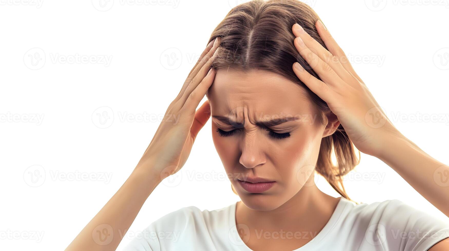 ai gegenereerd een vrouw met migraine hoofdpijn Holding haar hoofd geïsoleerd Aan een wit achtergrond. hoog kwaliteit. ai generatief foto