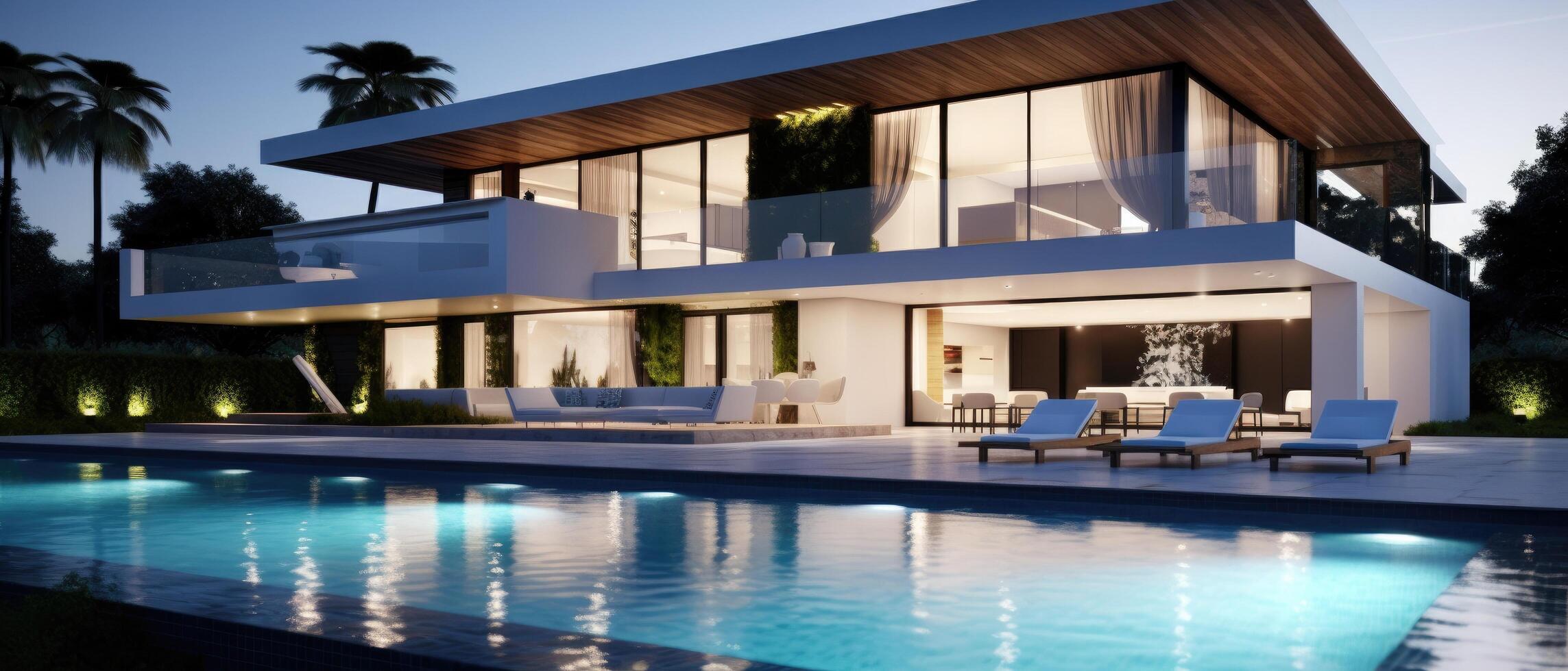 ai gegenereerd een renderen van een modern huis met zwembad foto