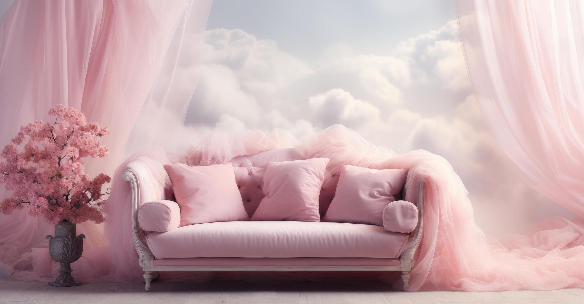 ai gegenereerd een roze sofa in een kamer met wit gordijnen foto