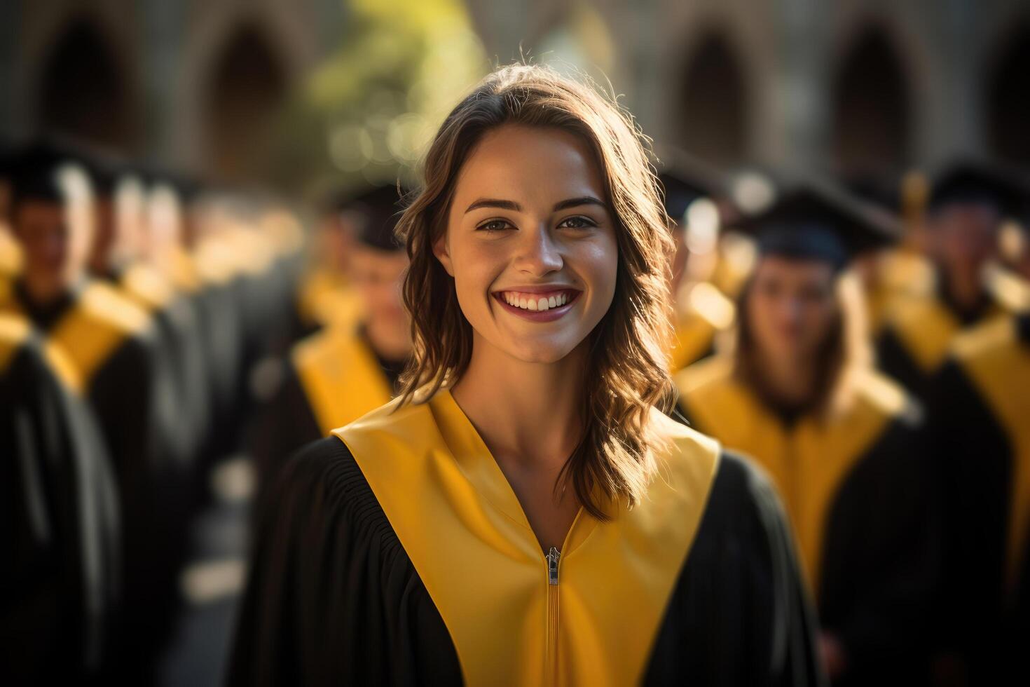 ai gegenereerd een afstuderen glimlachen in diploma uitreiking japon in voorkant van een groep van afstuderen senioren foto