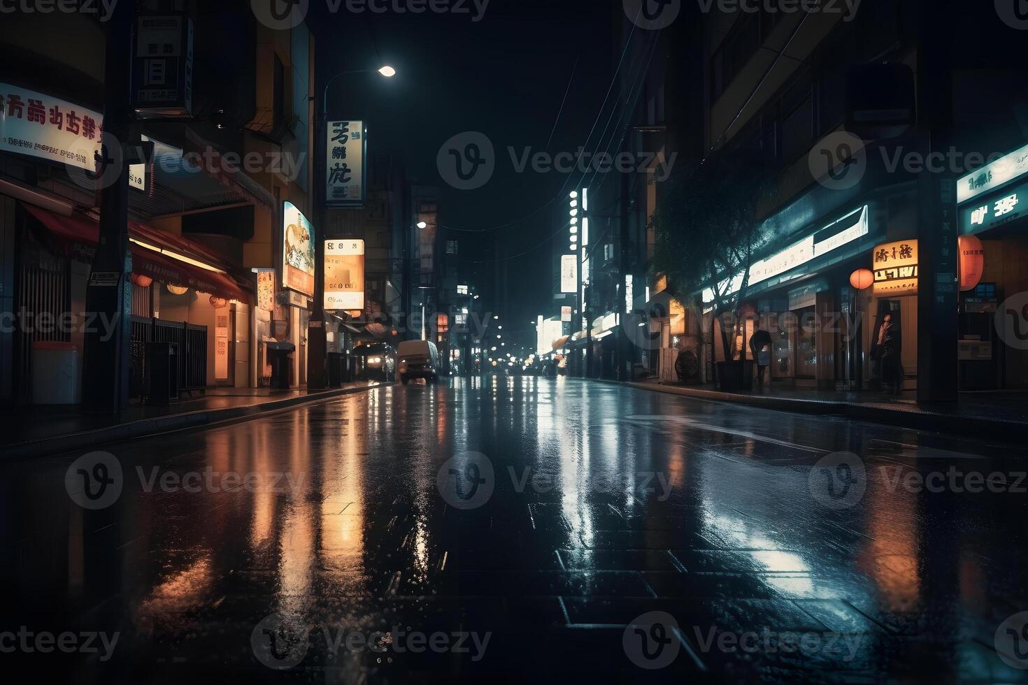 ai gegenereerd tokyo straten Bij regenachtig nacht, neurale netwerk gegenereerd hyperrealistisch beeld foto