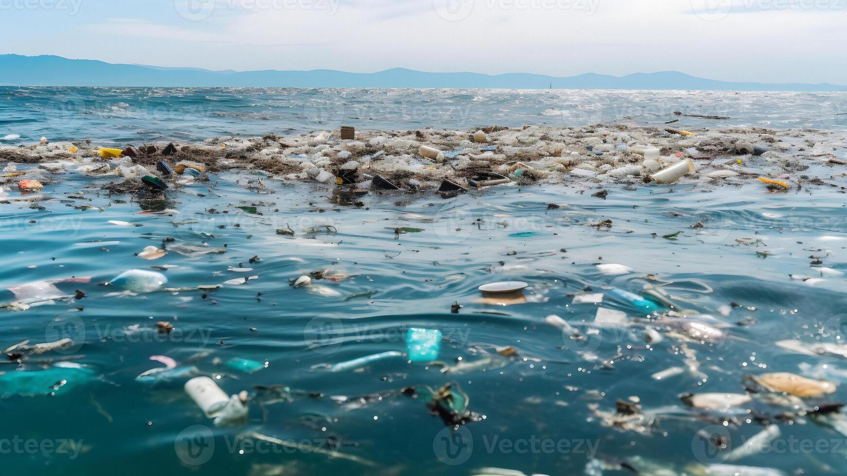 ai gegenereerd plastic vuilnis drijvend Aan oceaan oppervlakte Bij daglicht, neurale netwerk gegenereerd beeld foto