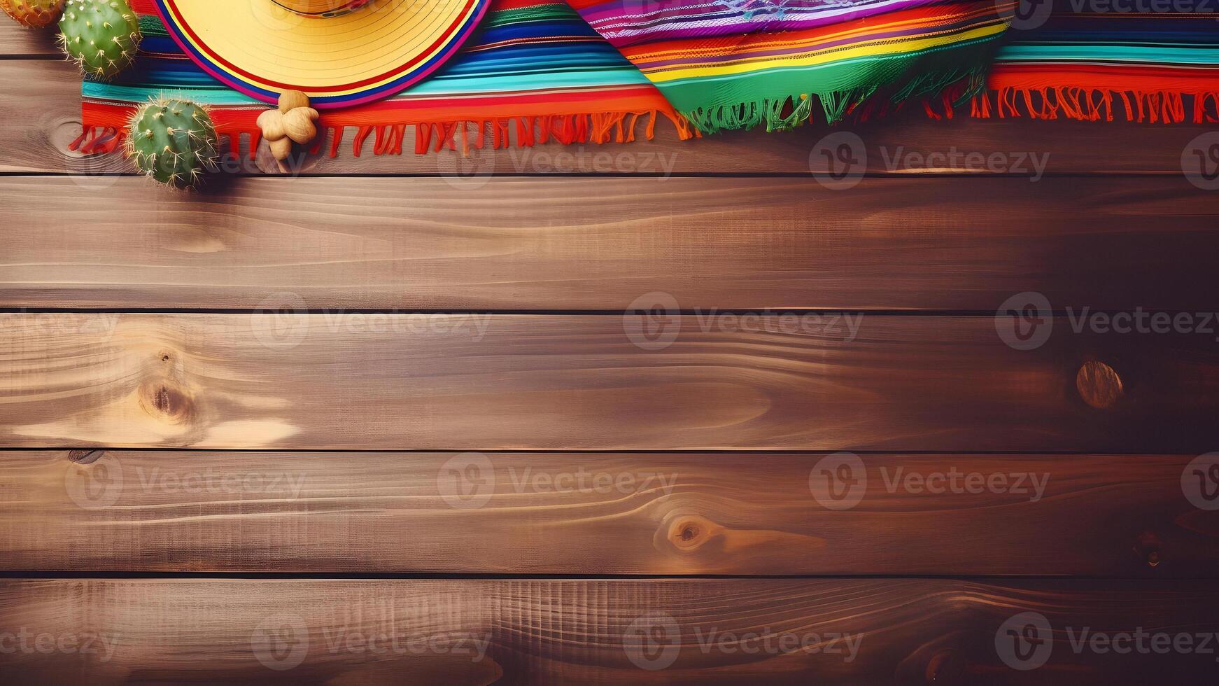 ai gegenereerd cinco de mayo vakantie achtergrond met Mexicaans cactus, sombrero hoed Aan houten oppervlak, hoog hoek visie, neurale netwerk gegenereerd beeld foto