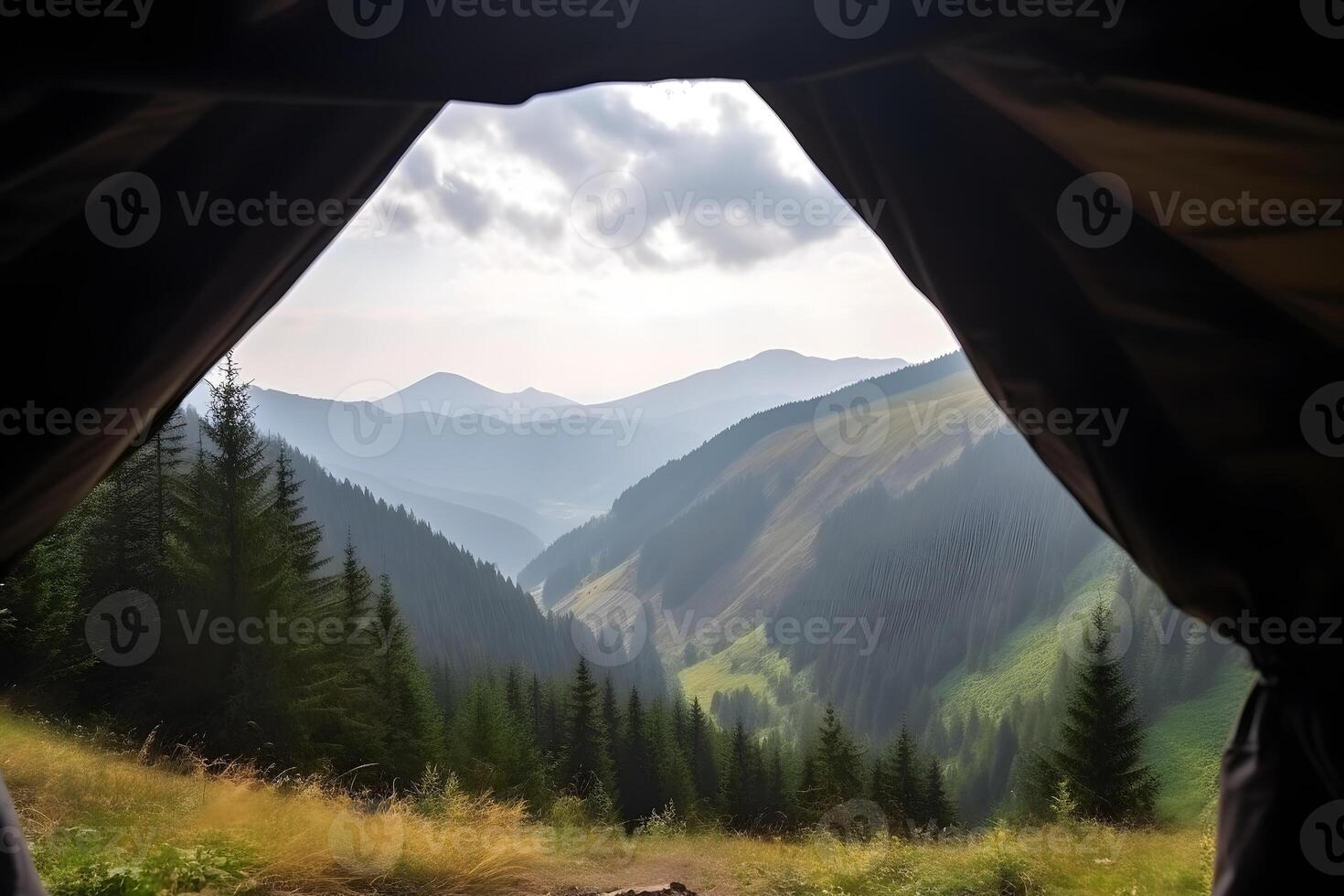 ai gegenereerd visie van toerist tent naar de berg vallei Bij zonnig zomer ochtend, neurale netwerk gegenereerd afbeelding foto