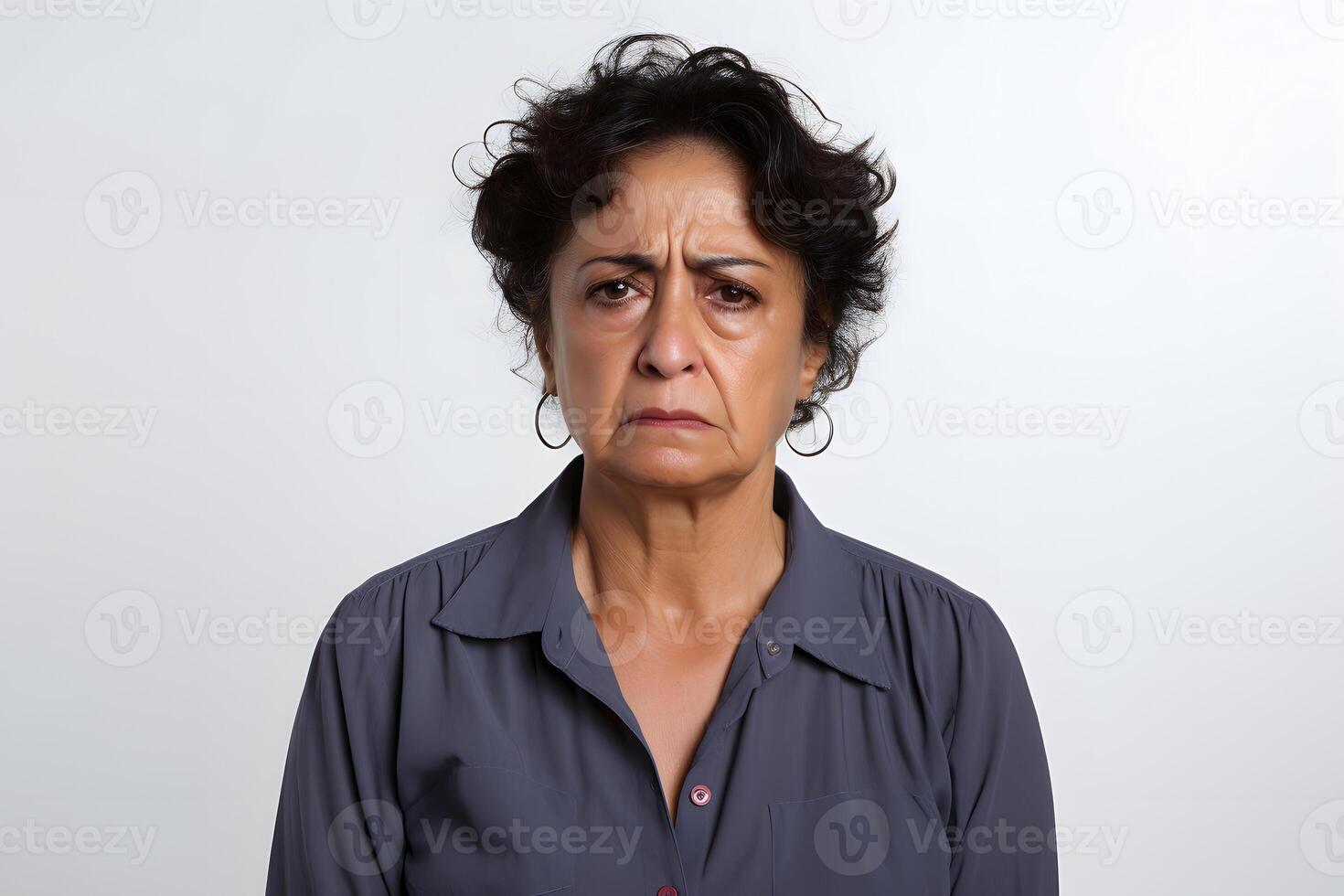 ai gegenereerd verdrietig huilen senior Latijns Amerikaans vrouw portret Aan wit achtergrond. neurale netwerk gegenereerd fotorealistisch beeld foto