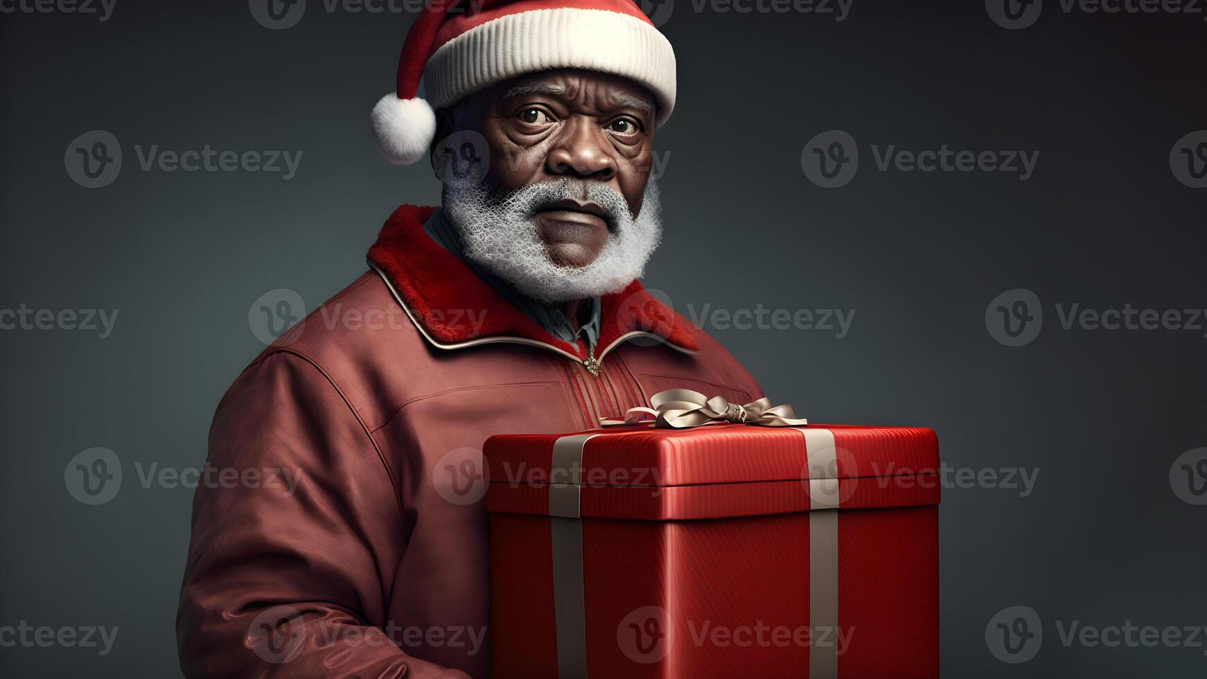 ai gegenereerd Afrikaanse Amerikaans de kerstman claus met geschenk doos, dichtbij portret met rembrandt verlichting, neurale netwerk gegenereerd kunst foto