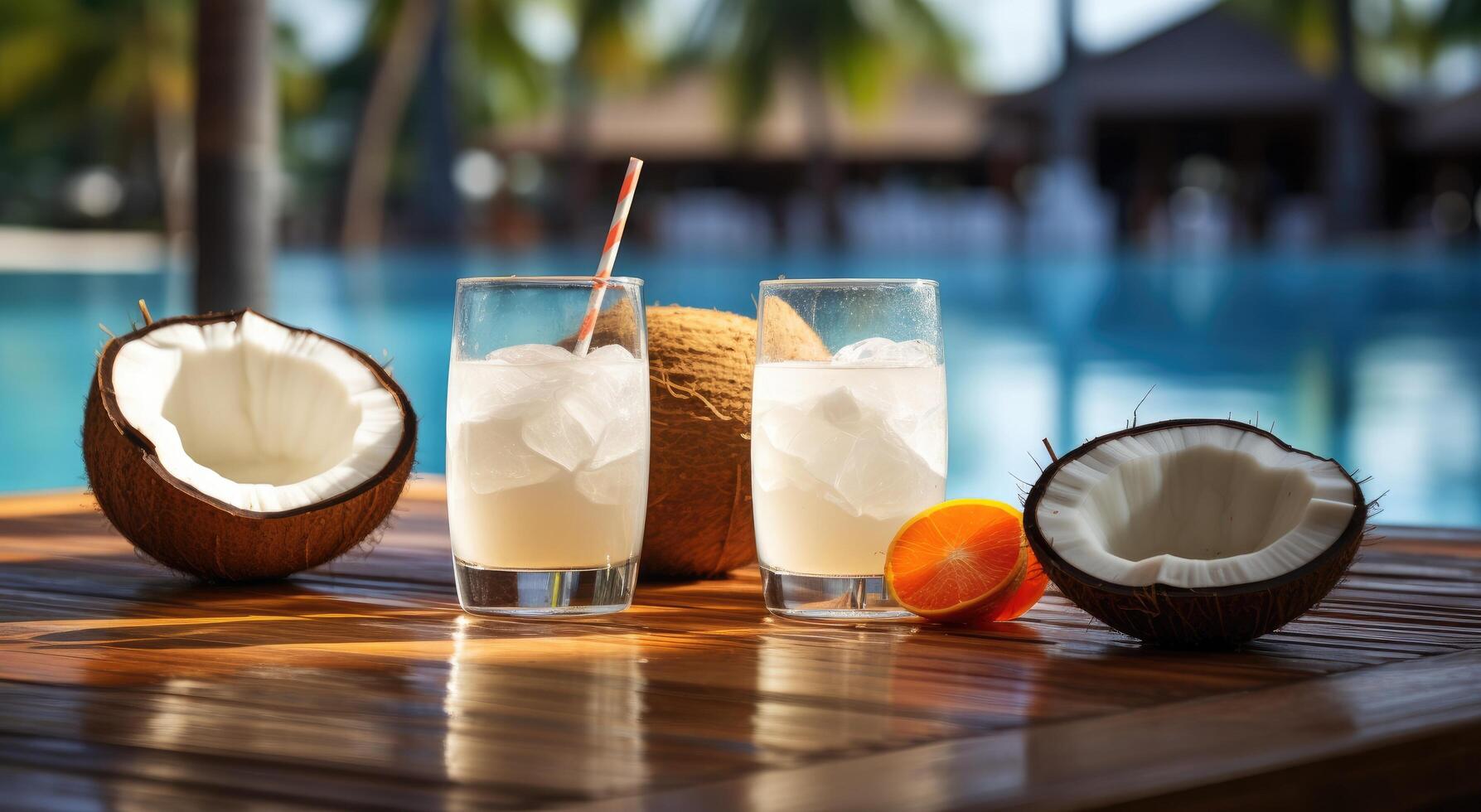 ai gegenereerd kokosnoten Aan strand tafel in de buurt blauw reflectie van zwemmen zwembad met kokosnoot cocktails, bruinen foto