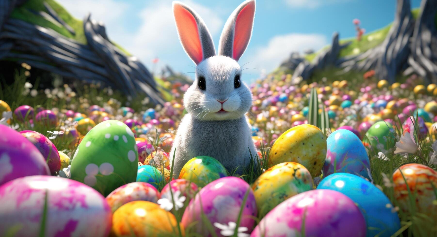 ai gegenereerd Pasen konijn in een veld- van gekleurde eieren foto