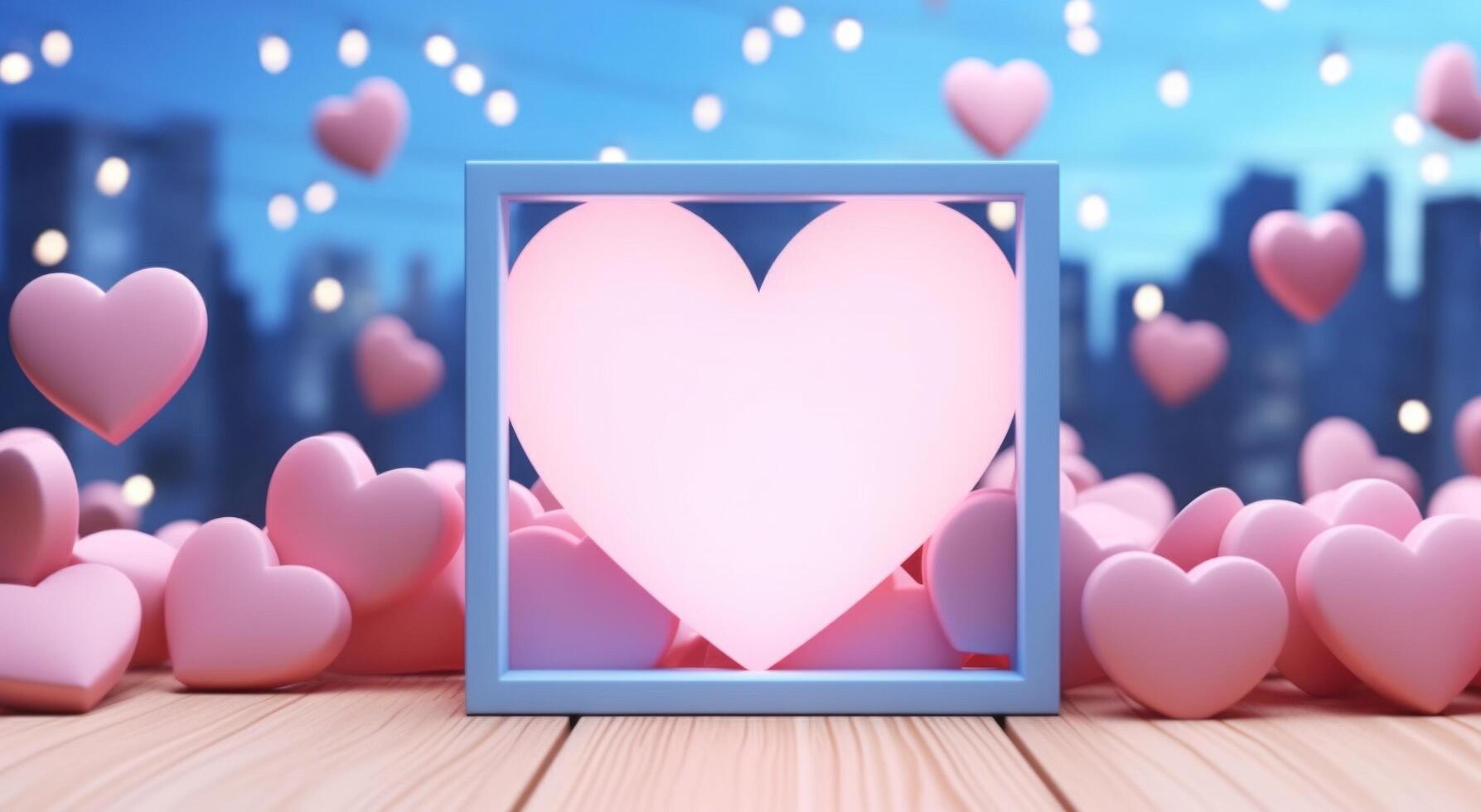 ai gegenereerd roze en blauw hartvormig achtergrond houten kader Aan bokeh achtergrond foto