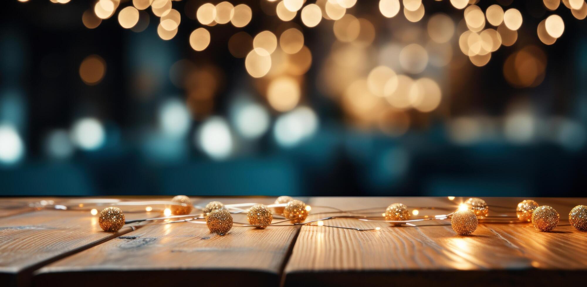 ai gegenereerd goud lichten Aan een houten achtergrond met houten tafel net zo een deel van een vakantie groet foto