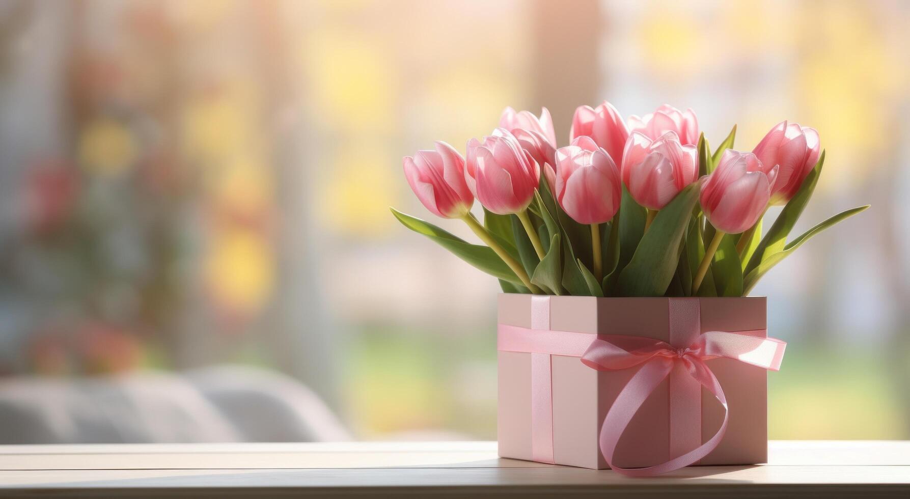 ai gegenereerd roze tulpen en een roze geschenk kaart Aan de tafel foto