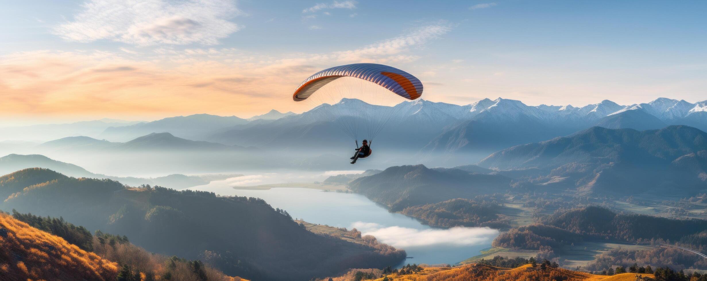 ai gegenereerd paragliden in een nevelig dag in de bergen foto