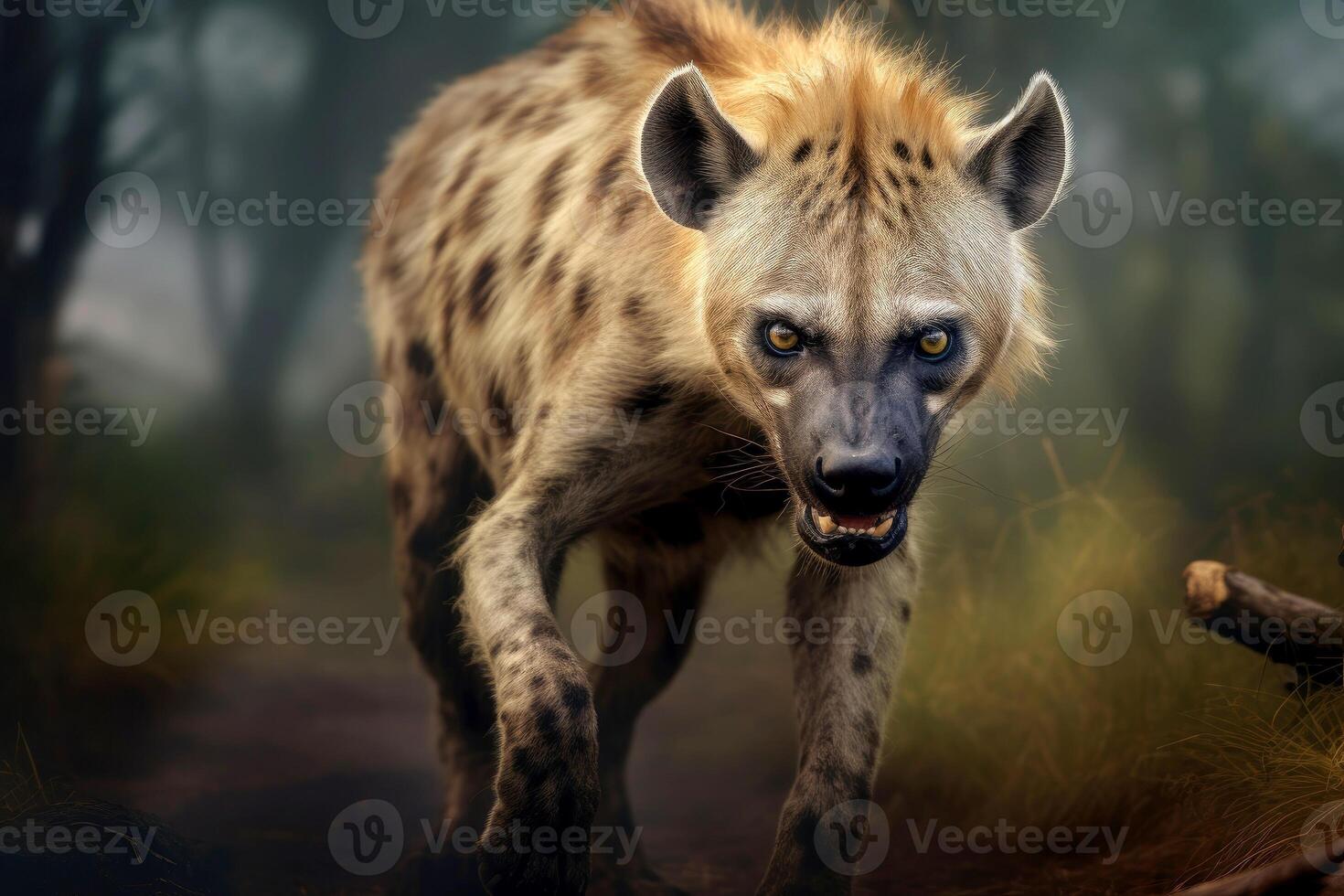 ai gegenereerd dichtbij omhoog van hyena wandelen aan de overkant veld. generatief ai foto